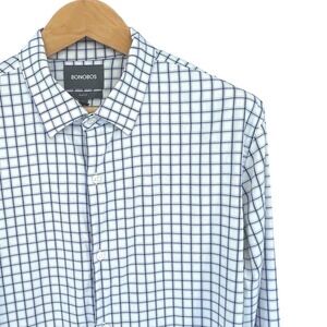 BONOBOS Slim Fit Men's White Blue Gingham Check Dress Shirt Size L Short **